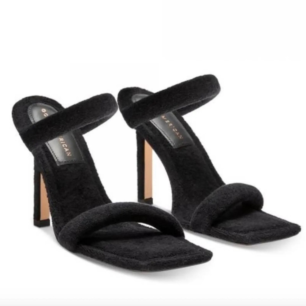 Good American, open square toe black terry heels, size 7